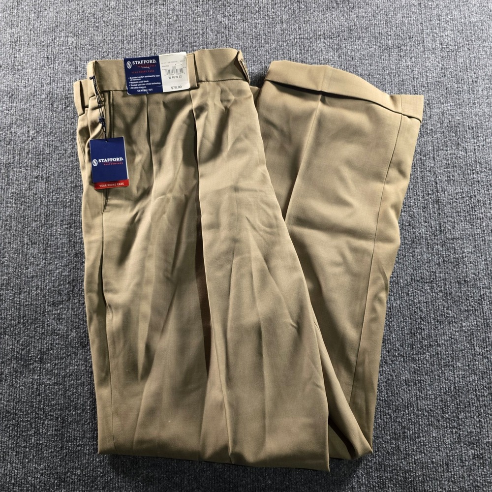 NWT Stafford Performance Mens Pleated Dress Pants 40x32 Tan Wool Blend Classic